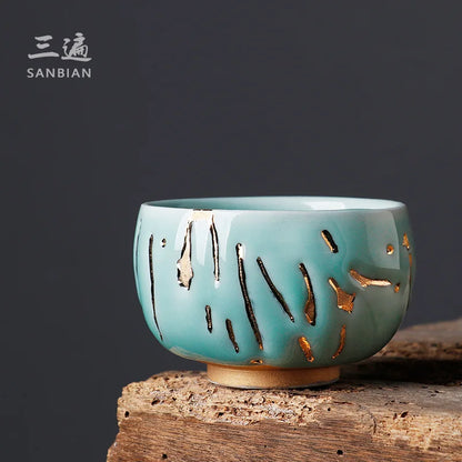 Japanese-Style Chiano Cup Dark Green Glaze Gold Tea Cup Ice Cracking Master Cup Tea Cup Porcelain Kung Fu Tea Set