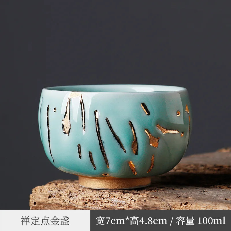 Japanese-Style Chiano Cup Dark Green Glaze Gold Tea Cup Ice Cracking Master Cup Tea Cup Porcelain Kung Fu Tea Set