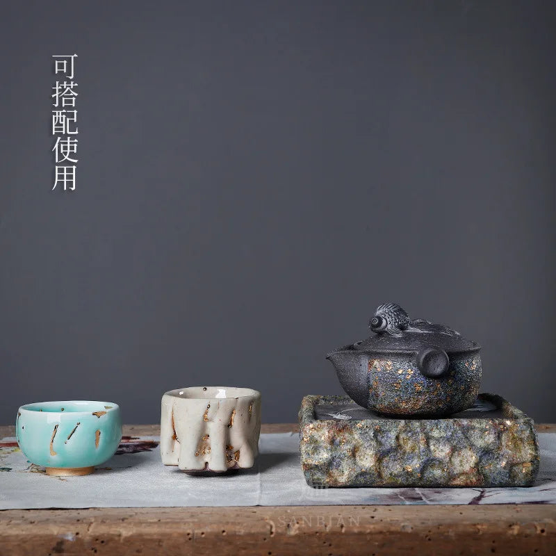 Japanese-Style Chiano Cup Dark Green Glaze Gold Tea Cup Ice Cracking Master Cup Tea Cup Porcelain Kung Fu Tea Set
