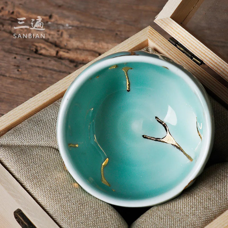 Japanese-Style Chiano Cup Dark Green Glaze Gold Tea Cup Ice Cracking Master Cup Tea Cup Porcelain Kung Fu Tea Set