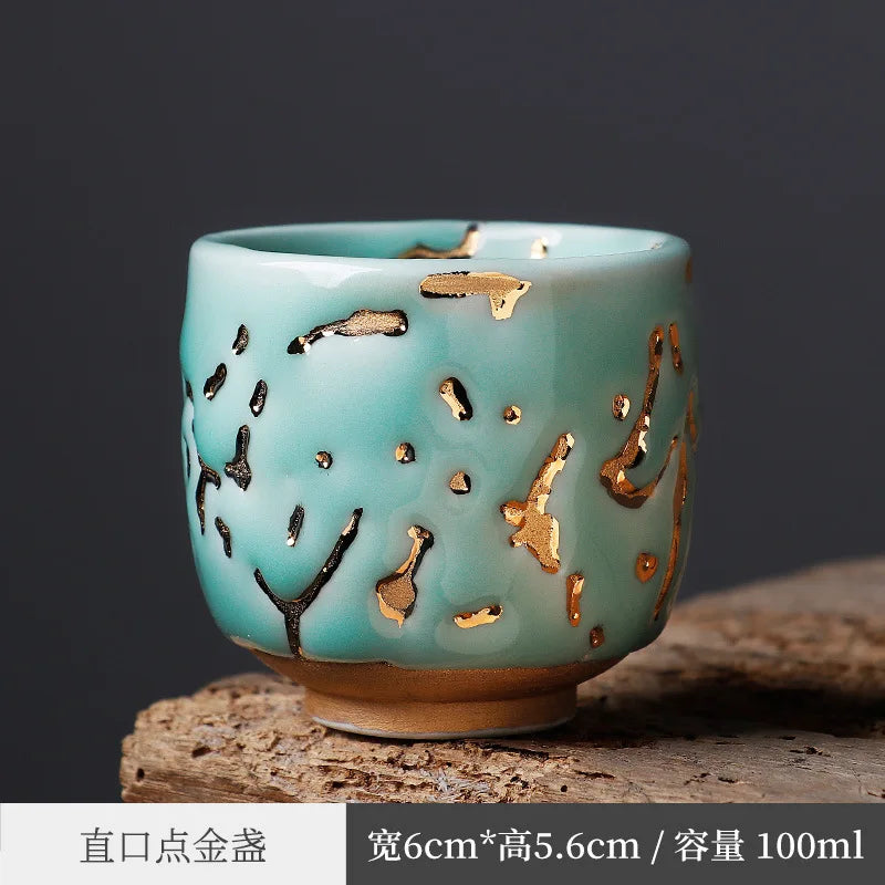 Japanese-Style Chiano Cup Dark Green Glaze Gold Tea Cup Ice Cracking Master Cup Tea Cup Porcelain Kung Fu Tea Set