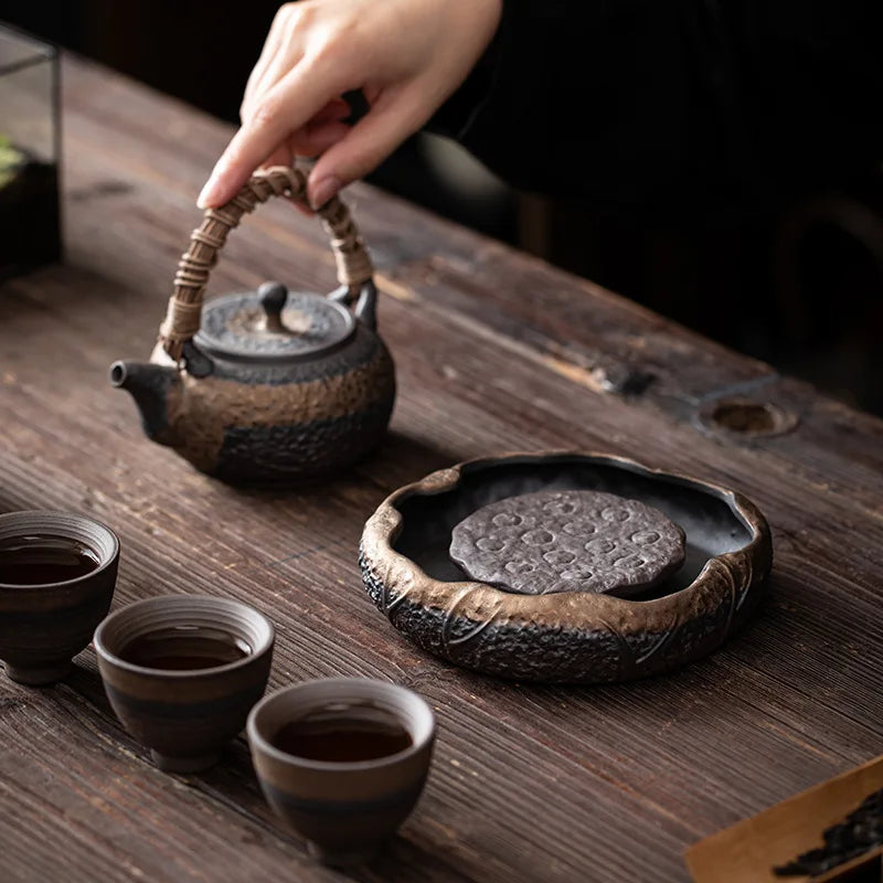 Japanese Style Coarse Pottery Gilding Iron Glaze Lotus Pond Pot Tray Small Water Storage Tea Tray Pot Base Kung Fu Tea Ceremony