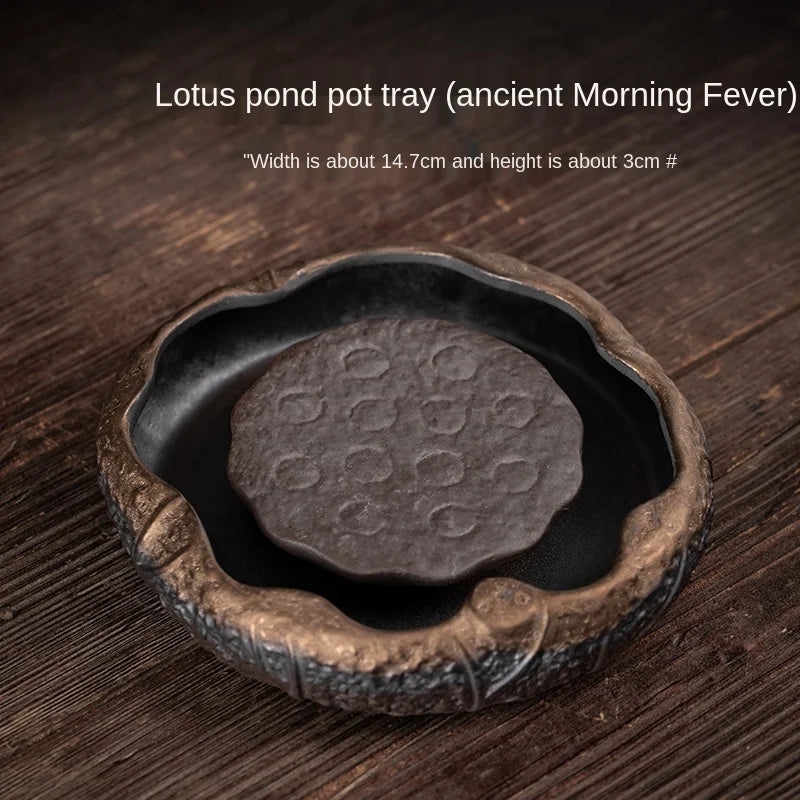 Japanese Style Coarse Pottery Gilding Iron Glaze Lotus Pond Pot Tray Small Water Storage Tea Tray Pot Base Kung Fu Tea Ceremony