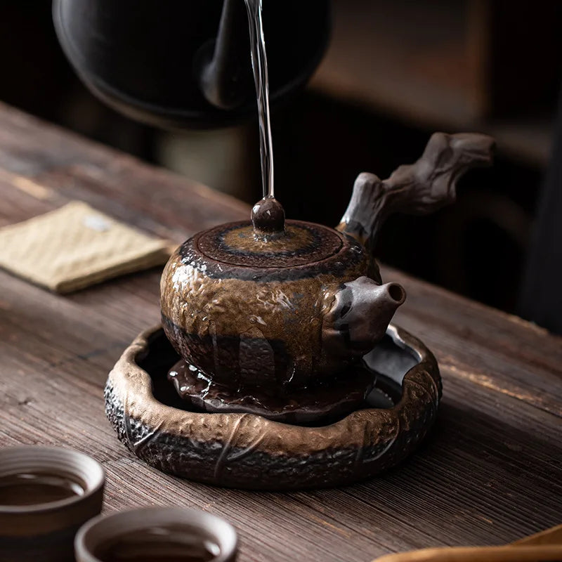 Japanese Style Coarse Pottery Gilding Iron Glaze Lotus Pond Pot Tray Small Water Storage Tea Tray Pot Base Kung Fu Tea Ceremony