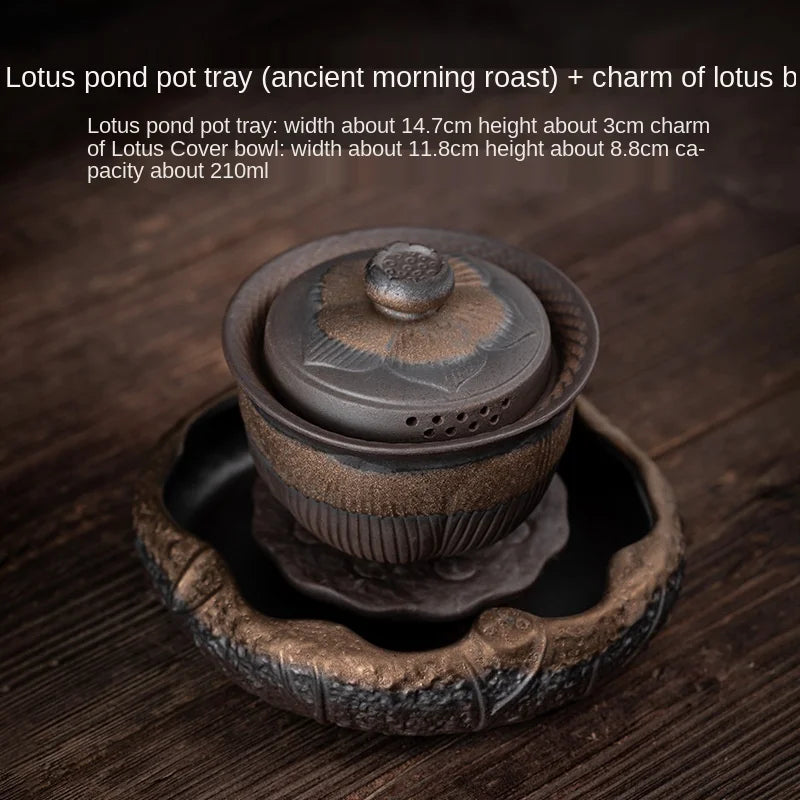 Japanese Style Coarse Pottery Gilding Iron Glaze Lotus Pond Pot Tray Small Water Storage Tea Tray Pot Base Kung Fu Tea Ceremony