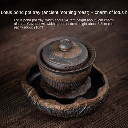 Japanese Style Coarse Pottery Gilding Iron Glaze Lotus Pond Pot Tray Small Water Storage Tea Tray Pot Base Kung Fu Tea Ceremony