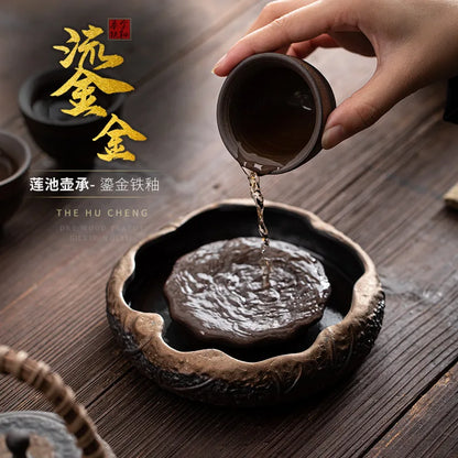 Japanese Style Coarse Pottery Gilding Iron Glaze Lotus Pond Pot Tray Small Water Storage Tea Tray Pot Base Kung Fu Tea Ceremony