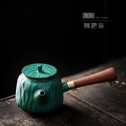 Japanese Style Coarse Pottery Side Handle Pot Antique Wooden Handle Teapot Kung Fu Tea Set Teapot Vintage Tea Infuser Tea Kettle