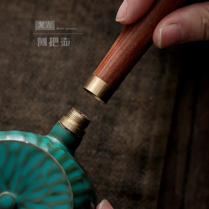 Japanese Style Coarse Pottery Side Handle Pot Antique Wooden Handle Teapot Kung Fu Tea Set Teapot Vintage Tea Infuser Tea Kettle