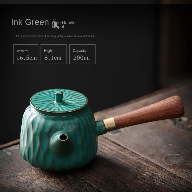 Japanese Style Coarse Pottery Side Handle Pot Antique Wooden Handle Teapot Kung Fu Tea Set Teapot Vintage Tea Infuser Tea Kettle