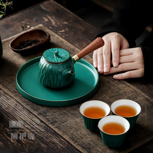 Japanese Style Coarse Pottery Side Handle Pot Antique Wooden Handle Teapot Kung Fu Tea Set Teapot Vintage Tea Infuser Tea Kettle