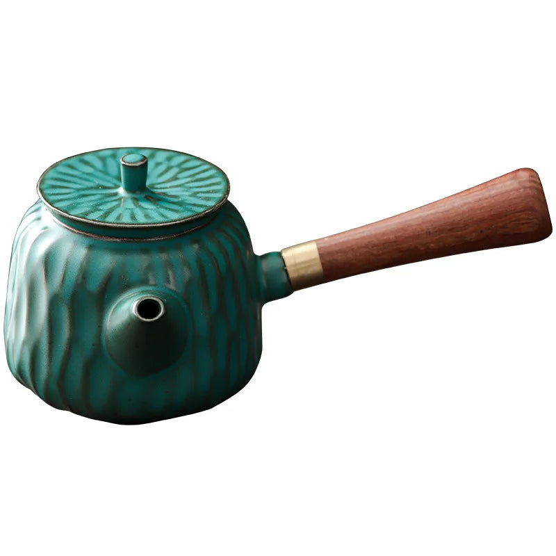 Japanese Style Coarse Pottery Side Handle Pot Antique Wooden Handle Teapot Kung Fu Tea Set Teapot Vintage Tea Infuser Tea Kettle