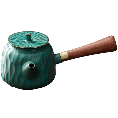 Japanese Style Coarse Pottery Side Handle Pot Antique Wooden Handle Teapot Kung Fu Tea Set Teapot Vintage Tea Infuser Tea Kettle