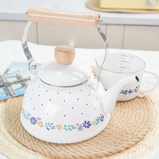 Japanese Style Enamel Teapot for Gas & Induction Cooker, Fine Mouth Water Kettle with Lotus Flower Pattern