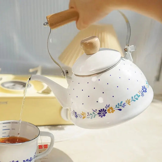 Japanese Style Enamel Teapot for Gas & Induction Cooker, Fine Mouth Water Kettle with Lotus Flower Pattern