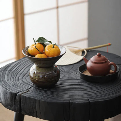 Japanese Style Handmade Ancient and Simple Dual-Purpose Flower Holder Fruit Plate Stoneware Tea Cake Tray Hydroponic Vessel