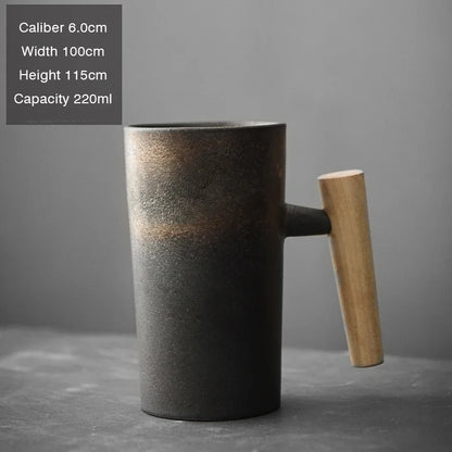 Japanese Style Handmade Stoneware Coffee Cup Hand Punch Vintage Kiln Baked Wooden Handle Mug Personality Couple Household Water