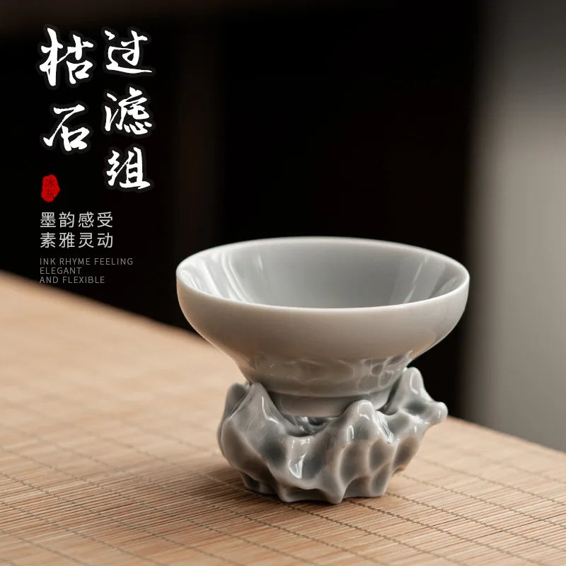 Japanese-Style Ice Gray Smoky Gray Glaze Filter Set Ceramic Tea Funnel Tea Filter Stainless Steel Tea Strainer Tea Compartment