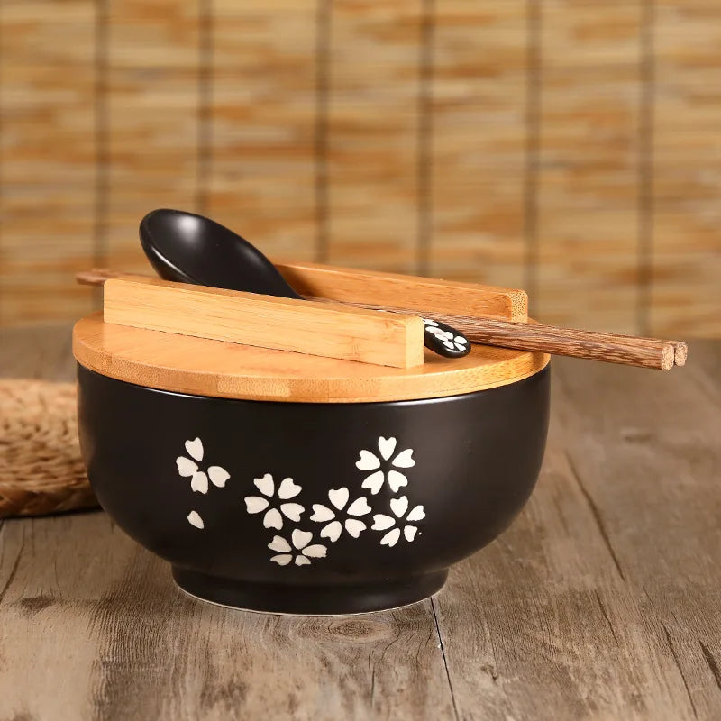 Japanese Style Rice Noodle Bowl with Lid Spoon and Chopstick Kitchen Tableware Ceramic Salad Soup Bowl Food Container Dinnerware
