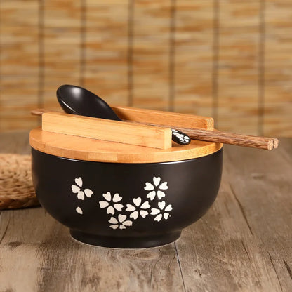 Japanese Style Rice Noodle Bowl with Lid Spoon and Chopstick Kitchen Tableware Ceramic Salad Soup Bowl Food Container Dinnerware