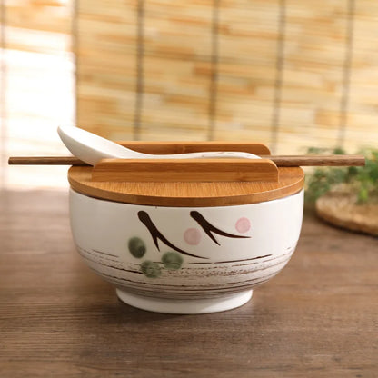 Japanese Style Rice Noodle Bowl with Lid Spoon and Chopstick Kitchen Tableware Ceramic Salad Soup Bowl Food Container Dinnerware