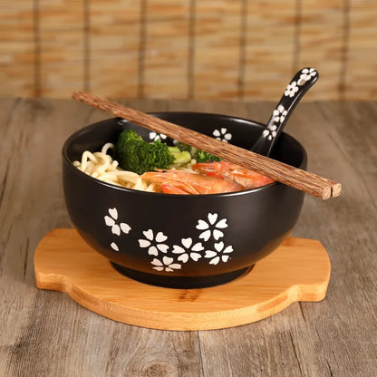 Japanese Style Rice Noodle Bowl with Lid Spoon and Chopstick Kitchen Tableware Ceramic Salad Soup Bowl Food Container Dinnerware