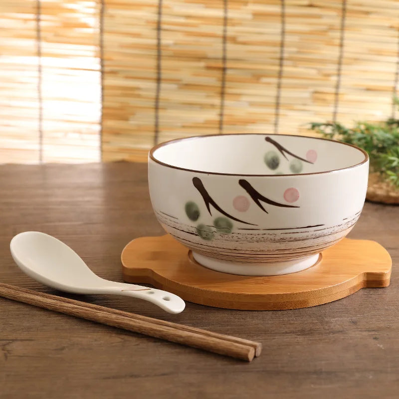 Japanese Style Rice Noodle Bowl with Lid Spoon and Chopstick Kitchen Tableware Ceramic Salad Soup Bowl Food Container Dinnerware