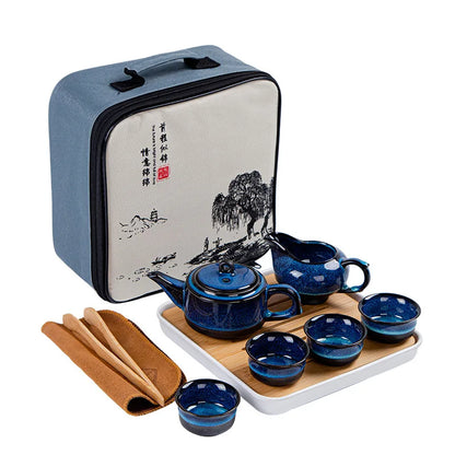Japanese Style Tea Set Teaware Sets Blue Ceramic Tea Cups Business Gift Portable Travel Chinese Kung Fu Teapot