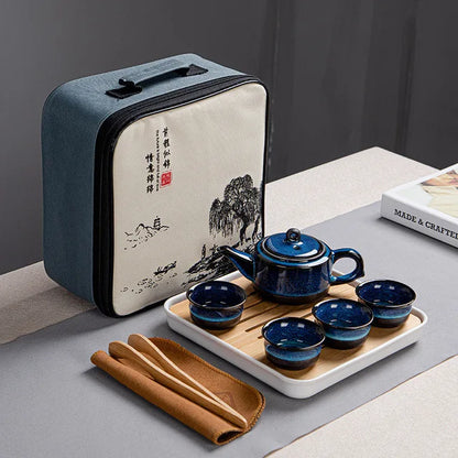 Japanese Style Tea Set Teaware Sets Blue Ceramic Tea Cups Business Gift Portable Travel Chinese Kung Fu Teapot
