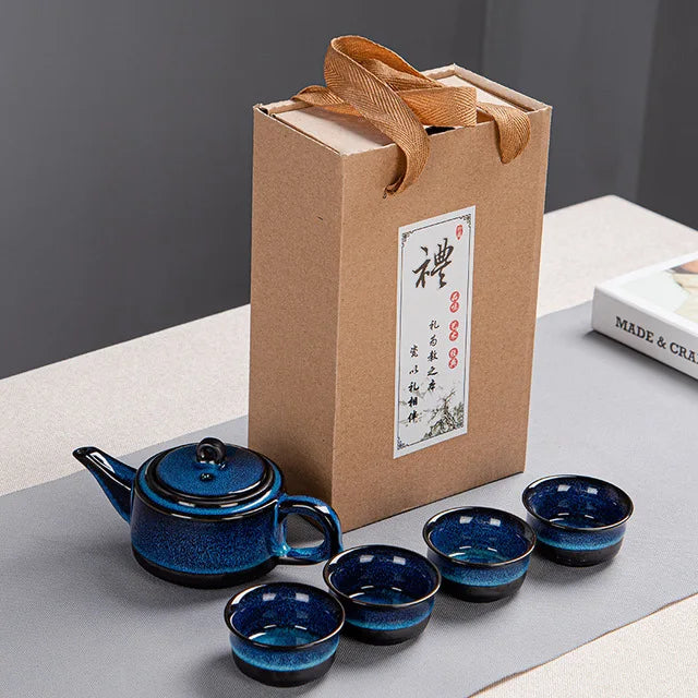 Japanese Style Tea Set Teaware Sets Blue Ceramic Tea Cups Business Gift Portable Travel Chinese Kung Fu Teapot