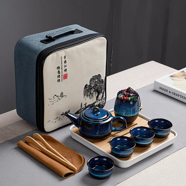 Japanese Style Tea Set Teaware Sets Blue Ceramic Tea Cups Business Gift Portable Travel Chinese Kung Fu Teapot