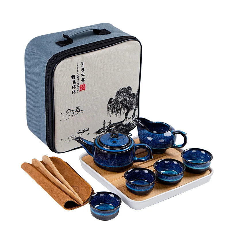 Japanese Style Tea Set Teaware Sets Blue Ceramic Tea Cups Business Gift Portable Travel Chinese Kung Fu Teapot