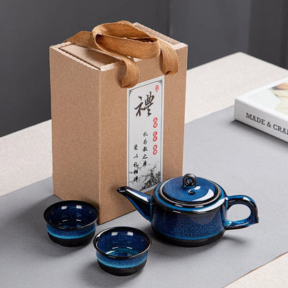 Japanese Style Tea Set Teaware Sets Blue Ceramic Tea Cups Business Gift Portable Travel Chinese Kung Fu Teapot