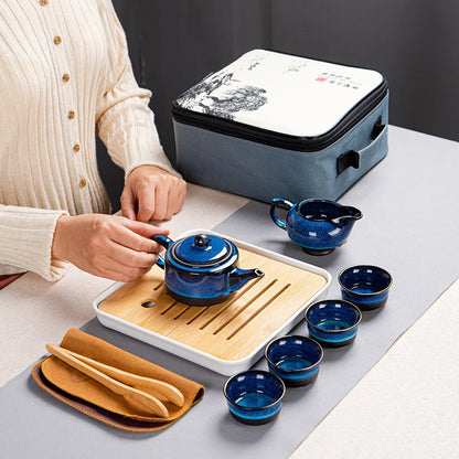 Japanese Style Tea Set Teaware Sets Blue Ceramic Tea Cups Business Gift Portable Travel Chinese Kung Fu Teapot