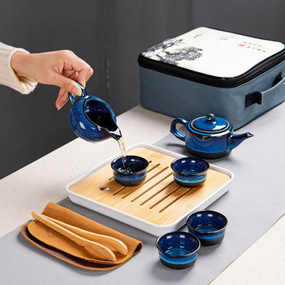 Japanese Style Tea Set Teaware Sets Blue Ceramic Tea Cups Business Gift Portable Travel Chinese Kung Fu Teapot