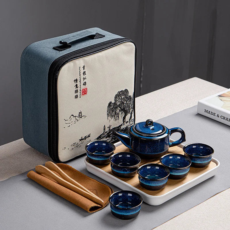 Japanese Style Tea Set Teaware Sets Blue Ceramic Tea Cups Business Gift Portable Travel Chinese Kung Fu Teapot