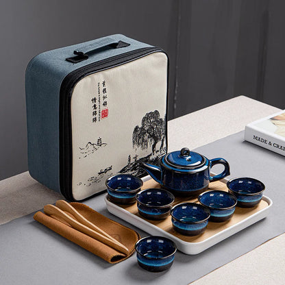 Japanese Style Tea Set Teaware Sets Blue Ceramic Tea Cups Business Gift Portable Travel Chinese Kung Fu Teapot