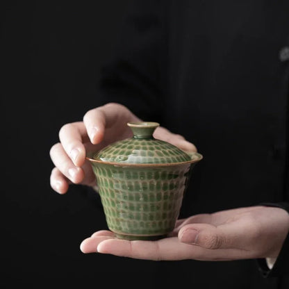 Japanese Style Uneven Green Gaiwan For Tea Porcelain Tureen Teaware Set Tea Bowl Chawan Tea Cup