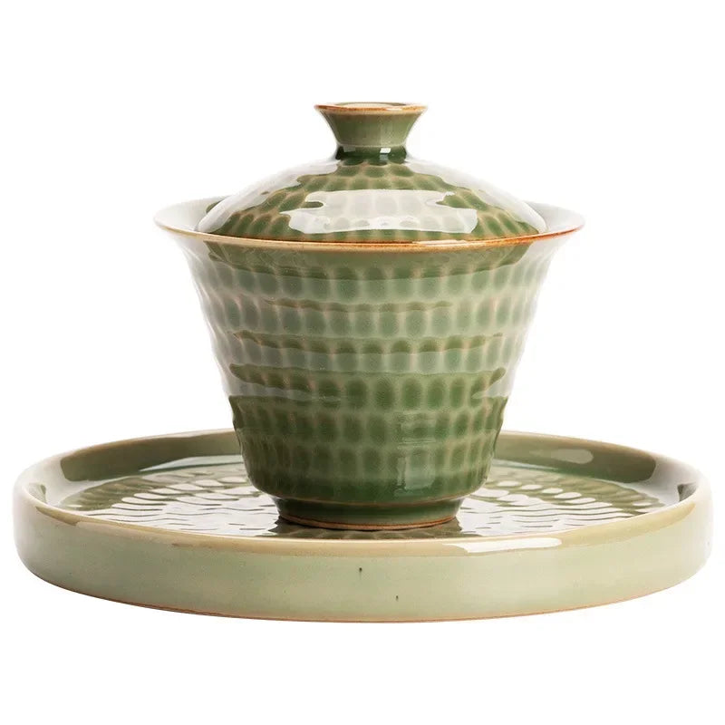 Japanese Style Uneven Green Gaiwan For Tea Porcelain Tureen Teaware Set Tea Bowl Chawan Tea Cup