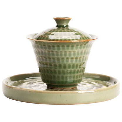 Japanese Style Uneven Green Gaiwan For Tea Porcelain Tureen Teaware Set Tea Bowl Chawan Tea Cup