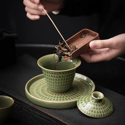 Japanese Style Uneven Green Gaiwan For Tea Porcelain Tureen Teaware Set Tea Bowl Chawan Tea Cup