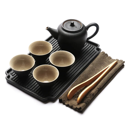 Japanese black pottery portable travel tea set Kung Fu tea suit with teapot teacup tray high grade gift box free shippig