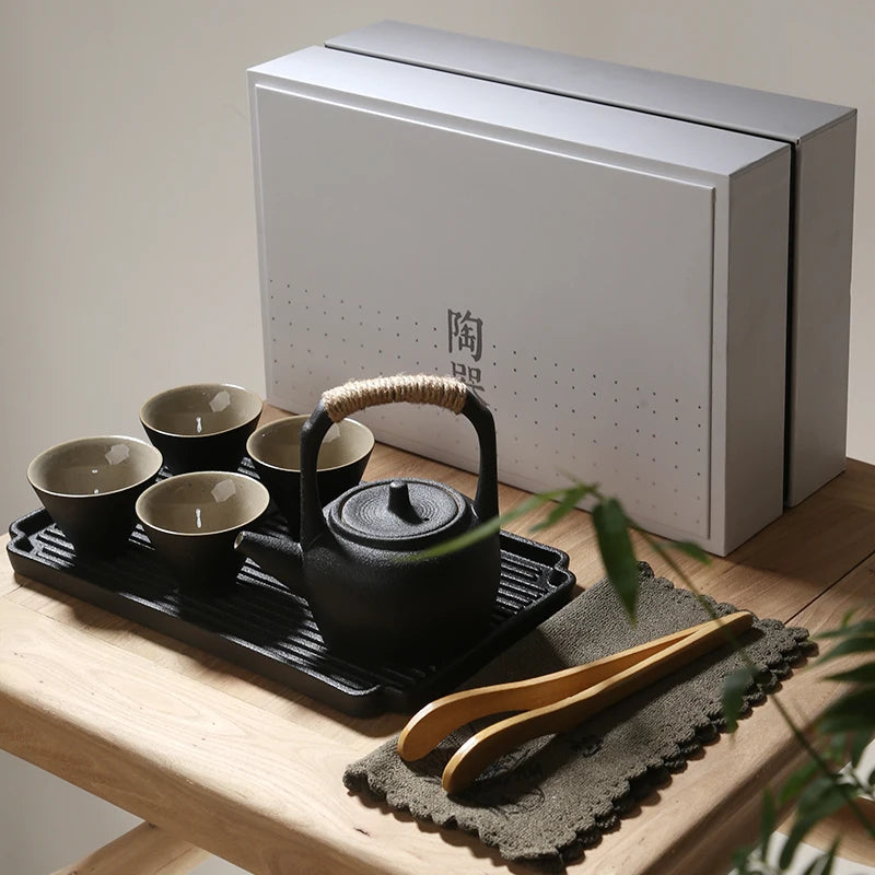 Japanese black pottery portable travel tea set Kung Fu tea suit with teapot teacup tray high grade gift box free shippig
