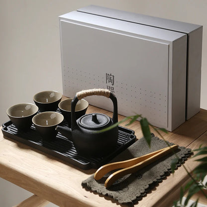 Japanese black pottery portable travel tea set Kung Fu tea suit with teapot teacup tray high grade gift box free shippig