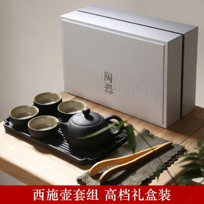 Japanese black pottery portable travel tea set Kung Fu tea suit with teapot teacup tray high grade gift box free shippig