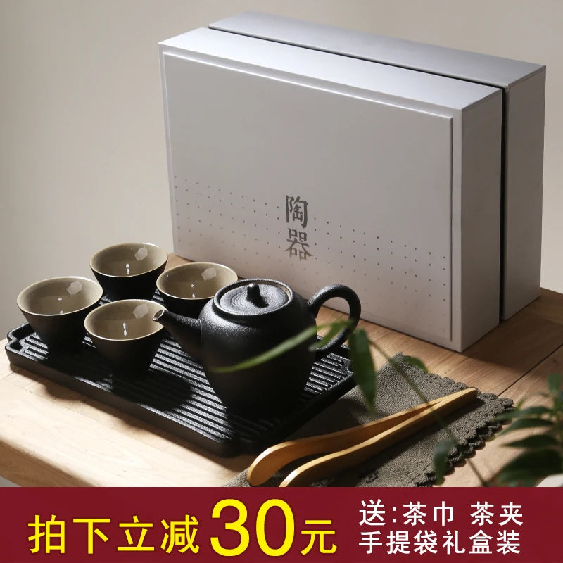 Japanese black pottery portable travel tea set Kung Fu tea suit with teapot teacup tray high grade gift box free shippig