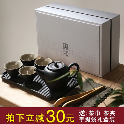 Japanese black pottery portable travel tea set Kung Fu tea suit with teapot teacup tray high grade gift box free shippig
