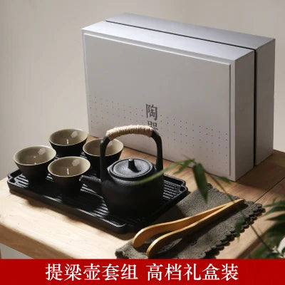Japanese black pottery portable travel tea set Kung Fu tea suit with teapot teacup tray high grade gift box free shippig