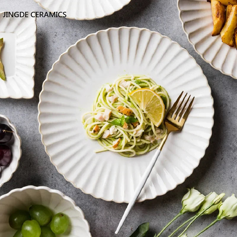 Japanese-style Chrysanthemum White Ceramic Plate  Sushi Salad Steak  Breakfast  Microwave Oven Special Kitchen Home Plate