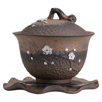 Japanese-style Gilt Iron Glazed Plum-blossom Covered Bowl Tea Cup Ancient Fired Handmade Rough Pottery Gaiwan Teaware Kitchen